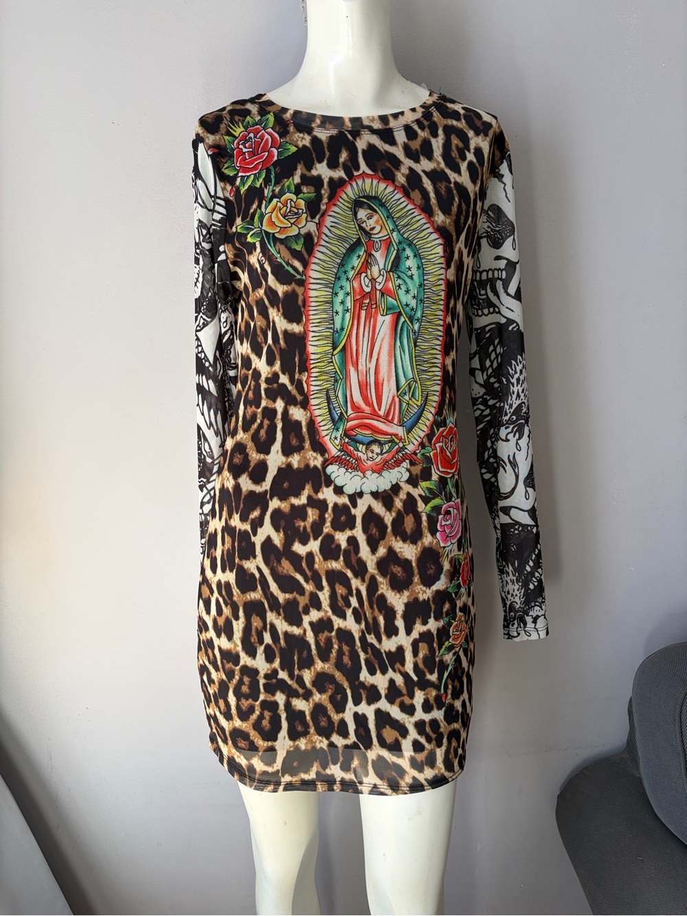 Ed Hardy Virgin Mary Sheer Leopard Print Dress